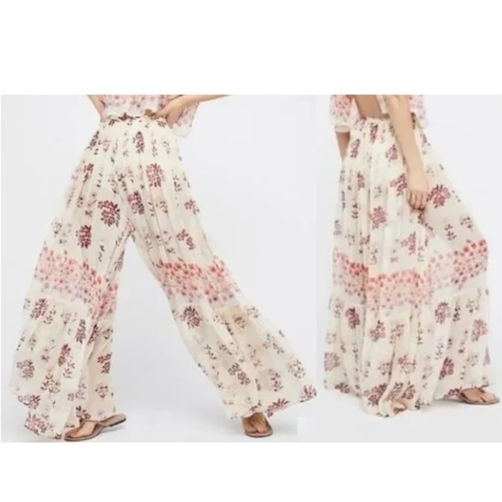 Free People Honey Child Size 4 Sheer Yellow Floral Boho Wide Leg Festival